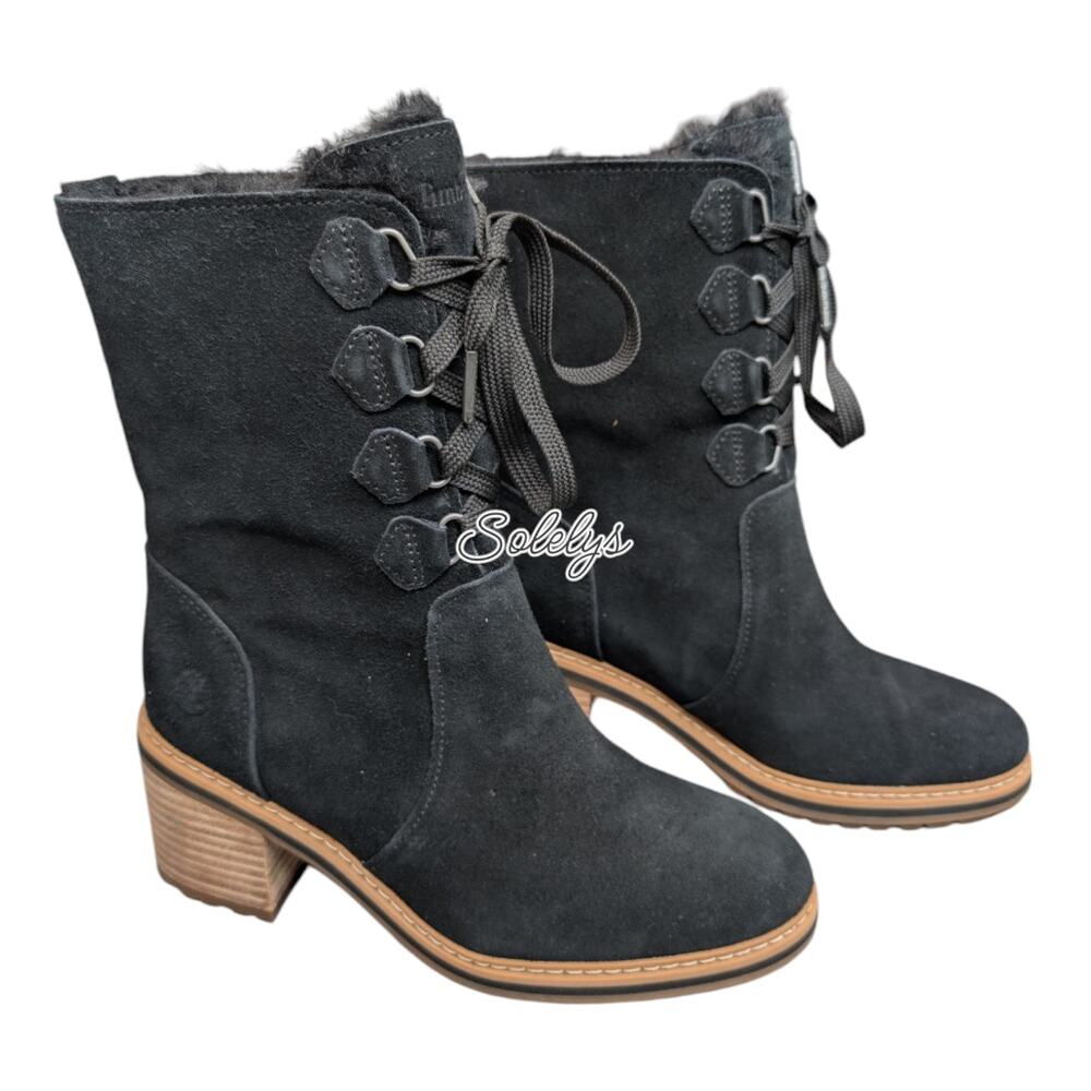 Timberland Sienna High Waterproof Mid Black Suede Leather Lace Up Heel Boot 6.5